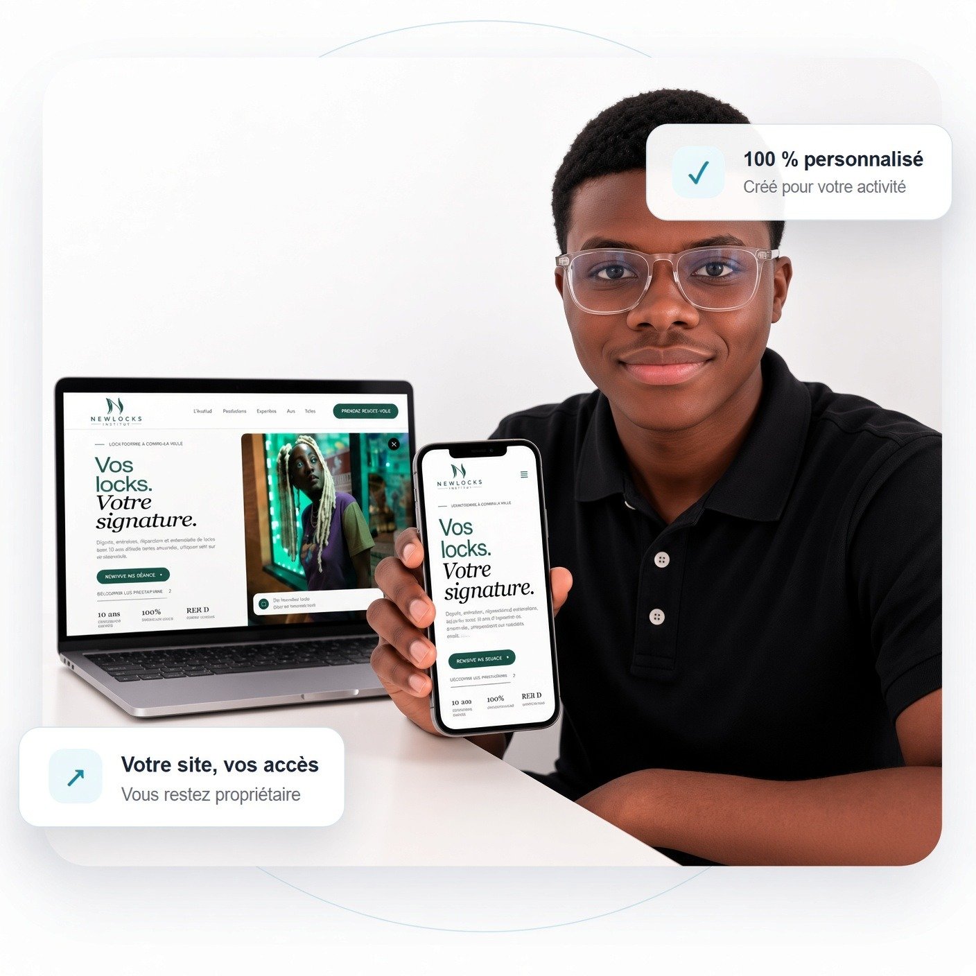 Claynzz présentant un site internet sur ordinateur et téléphone